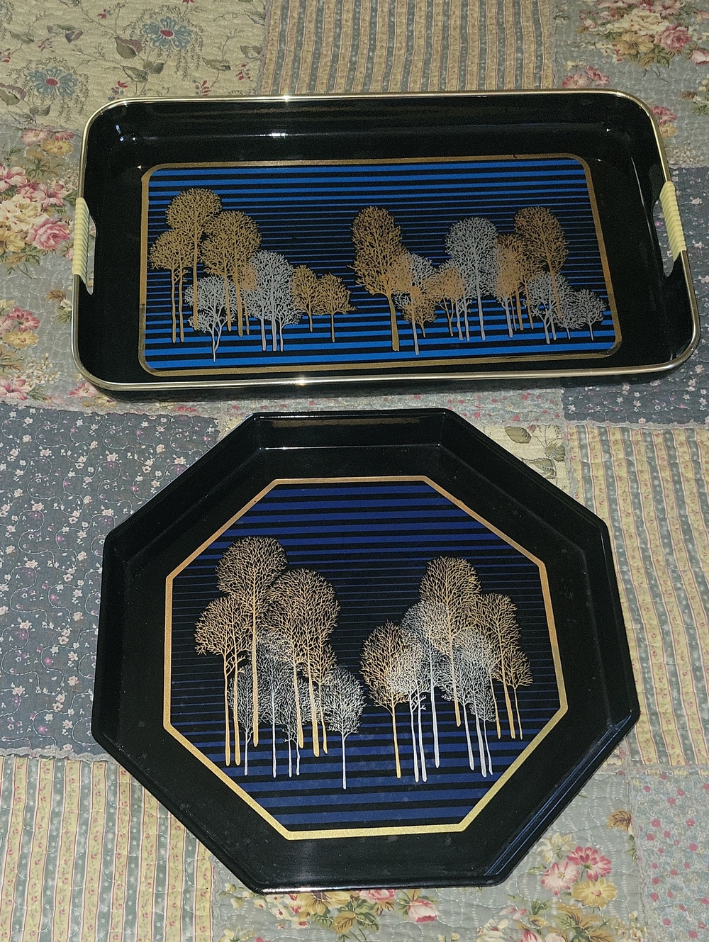 VTG Japanese Lacquer Nesting Trays Set of 2 Black Gold Silver Trees MCM